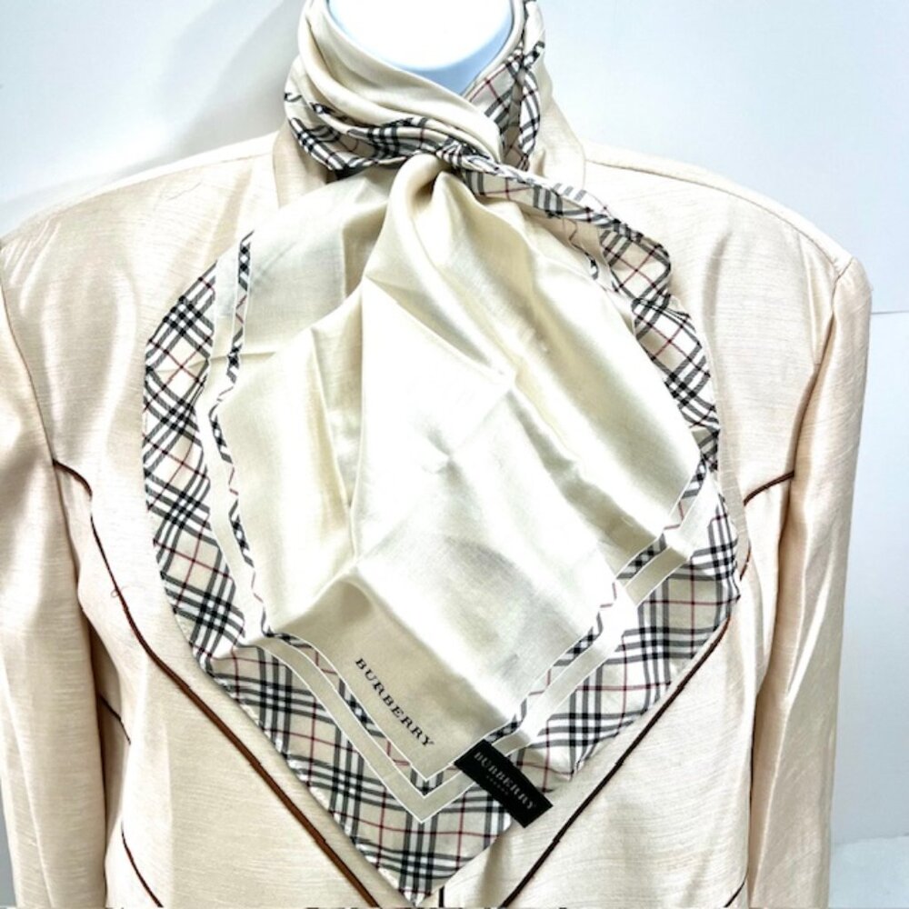 New Tag Men/Women Burberrys Miniscarf/handker 23"Cotton/Silk Beige Gray Nova(10 - Picture 2 of 9